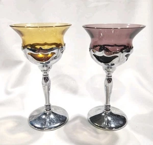 2 Farberware Cambridge Glass Chrome Cocktail Stem Glasses Amethyst, Amber - Picture 1 of 9