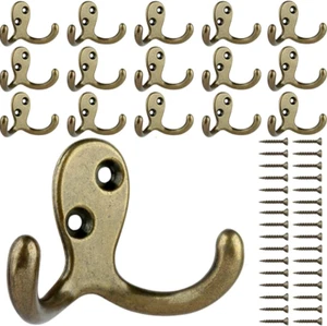 16 Pack Heavy Duty Double Prong Coat Hooks Wall Mounted Antique Brass Wall Hook - Picture 1 of 12