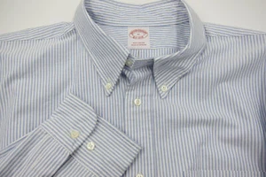 NUEVO CON ETIQUETAS $99 Camisa Brooks Brothers Azul Rayas Oxford Tela Abotonada XL 18x33 - Imagen 1 de 4
