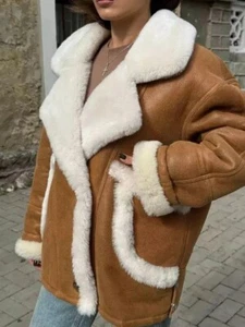 Ladies Aviator B3 Sheep Real leather Jacket Classic Brown Vintage Warm Fur Coat - Picture 1 of 7
