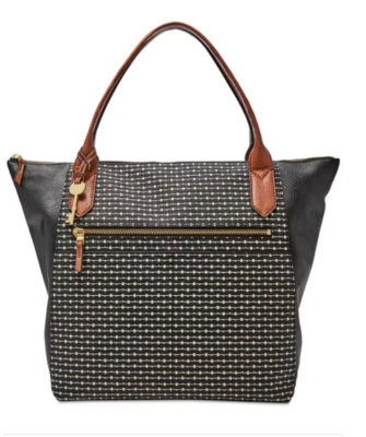 Bolso de Hombro Fossil Fiona Negro Blanco Rayas Punto Vegano Dos Asas Bolso de Mano Nuevo con Etiquetas Foto 1 de 4