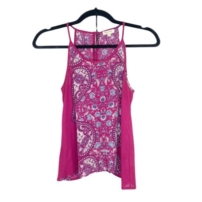 Top sin mangas con estampado magenta blanco lirio cuello alto botón espalda talla pequeña Foto 1 de 4