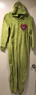 Grinch Heart Grew 3 Sizes ADULT SMALL One Piece Pajama w Hood Christmas - Image 1 of 4