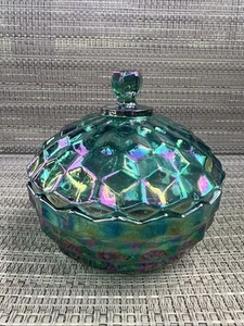 Indiana Glas Whitehall irisierende Bonboniere Aqua Grün Karneval Glas Vintage - Bild 1 von 8