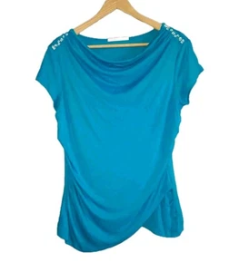 Jane Lamerton Stretch Short Sleeve Blue Ruched Blouse Top Size 14 EUC - Picture 1 of 6