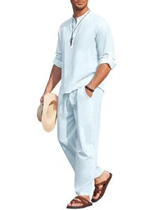 Men's 2 PC Cotton Linen Long Sleeve Henley Shirts & Beach Pants Light Blue XL - Picture 1 of 8