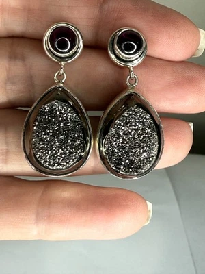 Artisan Crafted Platinum Genuine Drusy & Rhodolite Garnet 925 Silver Earrings - Image 1 of 4