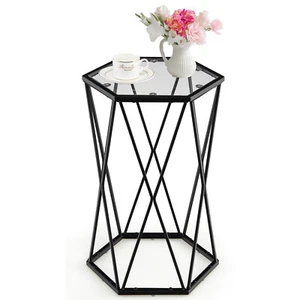 End Table Tempered Glass Top Metal Frame Hexagonal Accent Side Table Living Room - Picture 1 of 10