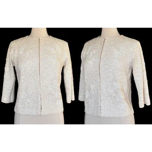 Vintage 50s Hand Sequined Cardigan Sweater, 3-D Iridescent Off White Sweater, M - Picture 1 of 8