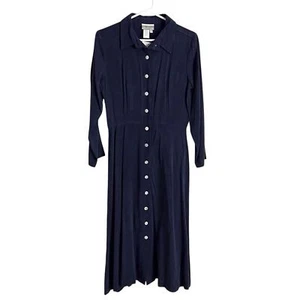 Coldwater Creek 10 Petite Vintage Navy Blue Midi Shirt Dress Button Up Modest - Picture 1 of 9