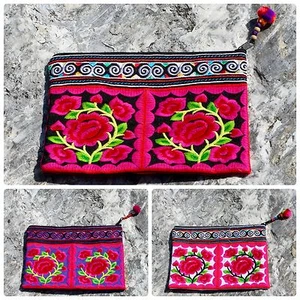 Thai Hippie Boho Hmong Floral Embroidered Purse Ethnic Mid Cosmetic Make Up Bag  - Picture 1 of 4