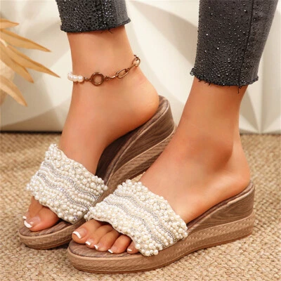 Women's Platform Wedge Heel Sandals Rhinestone Pearls Decor Summer Casual Slides - Image 1 of 4