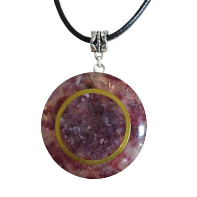 Orgonite Circle Pendant Orgone Protection EMF Necklace Amethyst Garnet Quartz - Image 1 of 4