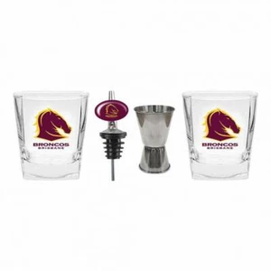 126552 BRISBANE BRONCOS NRL SET OF 2 SPIRIT GLASSES POURER & JIGGER GIFT PACK - Picture 1 of 1