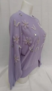 Vtg 80s Women's 100% Cashmere lavender Sweater EMBELLISHED pearl flower purple - Picture 1 of 9