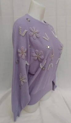 Suéter De Colección Años 80 Para Mujer 100% Cachemira Lavanda EMBELLECIDO Perla Flor Púrpura  Foto 1 de 4