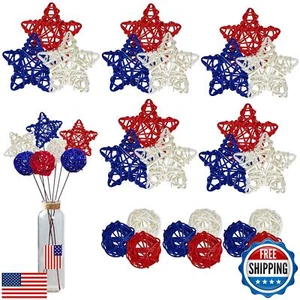 OZIO-US 24 Pcs 4th of July Star Rattan Balls Decoration, Red Blue White Stars - Picture 1 of 5