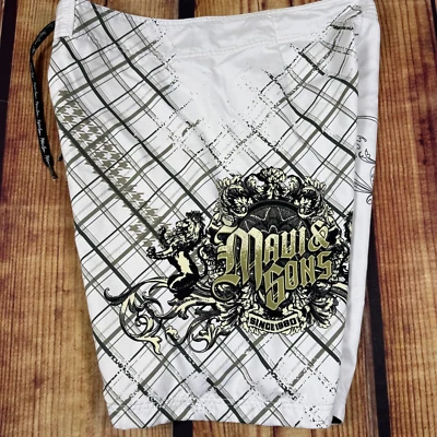 Maui & Sons Board Shorts Men 38 White Gold Black Plaid Graphic Floral Swim Surf - Image 1 of 4