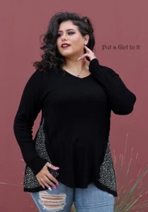 New VOCAL PLUS SIZE Womens BLACK PEARL CRYSTAL ANGEL WINGS TUNIC SHIRT 1X 2X 3X - Picture 1 of 10
