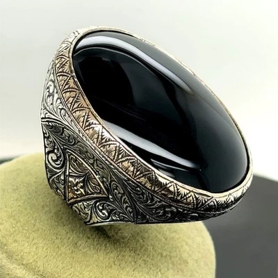 Anillo grande estilo otomano de plata 925 con piedras preciosas de ónix negro Foto 1 de 4