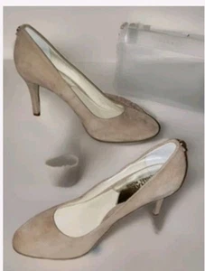 Michael Kors MK Flex Pumps Dark Khaki Suede 6.5 M Logo Stud Round Stilettos New - Picture 1 of 6