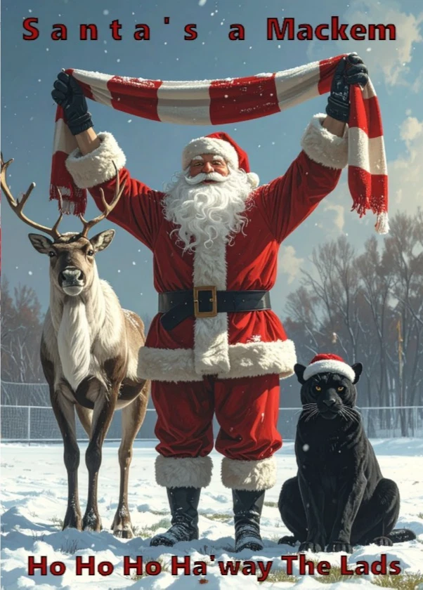 HANDMADE FUNNY SUNDERLAND FOOTBALL CHRISTMAS CARD SANTA'S A MACKEN HA'WAY THE LADS