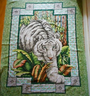 Fabric Panel White Striped Tiger Jungle Green Borders Wall Hanging 35x44" Cotton - Image 1 of 2