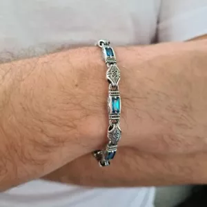 7.04 CT Prong Set Blue Topaz Pure 935 Argentium Silver Handmade Men's Bracelet - Picture 1 of 7
