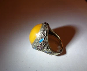 Vintage Chinese Enamel on Filigree 925 Silver Butterscotch Amber Cabochon Ring - Afbeelding 1 van 22