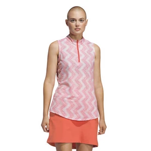 adidas Ladies Sleeveless Golf Polo with Abstract Zig-Zag Print in Coral Orange - Picture 1 of 6