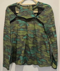 NANETTE LEPORE MUJER VERDE MANGA LARGA SEDA TOP CON MALLA-TALLA:-0-COMO NUEVO! - Imagen 1 de 5