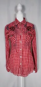 Roar Womens Western Shirt XS Raspberry Gingham Distressed Embellished Blouse - Picture 1 of 22