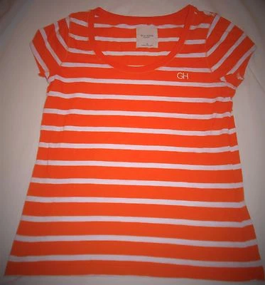 JUNIORS MED AUAUTHENTIC GILLY HICKS ORANGE STRIPED S/S SOFT COTTON KNIT T SHIRT - Image 1 of 3
