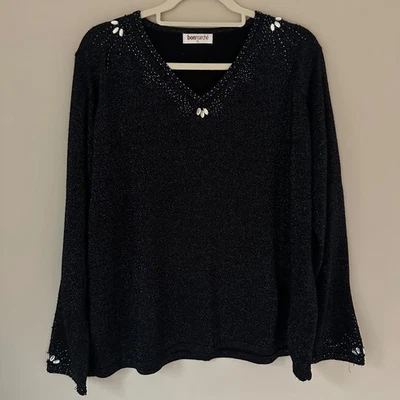 Bonmarche Beaded Top XL Black Blue Glitter Rhinestones - Image 1 of 4