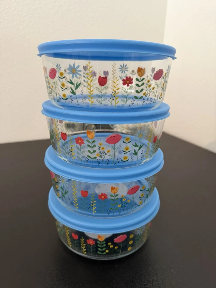 Juego de 4 cuencos de almacenamiento de alimentos florales resistentes al calor de vidrio duradero con tapa azul Foto 1 de 4