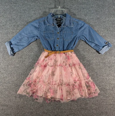 Vestido floral de mezclilla occidental rosa y violeta para niñas con mangas enrollables para cinturón talla 8 Foto 1 de 4