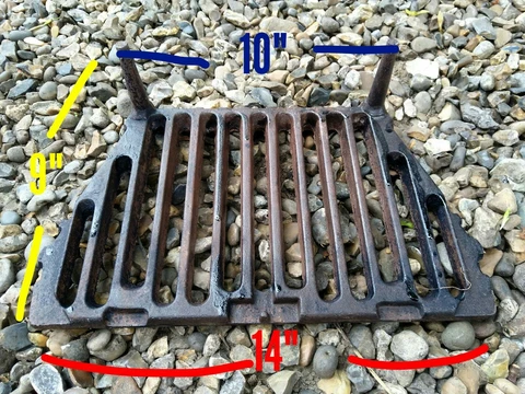 FIRE GRILL GRATE VINTAGE CAST IRON FIRE PLACE OLD   9" DEPTH - 14" FW  - 10" BW Cover
