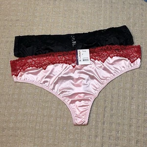 NWT Joyspun Satin Lace Thong Panties 2 Pair Set Pink Red Black Size 2X/9 (20) - Picture 1 of 6
