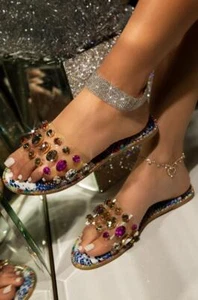 Liliana Honnay-2 Multi Snake Clear Rhinestone Gem Slip On Slide Mule Flat - Picture 1 of 5