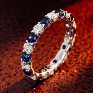 2ct Round Blue Sapphire Diamond Eternity Wedding Band Ring 14k White Gold Finish - Picture 1 of 8