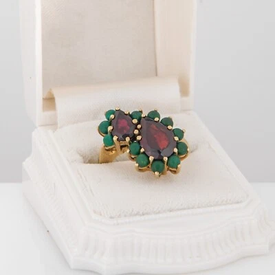 14K Garnet & Green Bead Accents Vintage Cocktail Ring Hallmarked UJ - Image 1 of 4