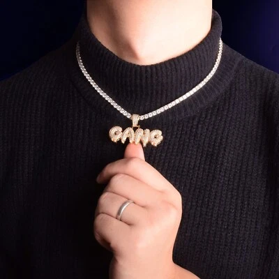 3AAA+ CZ Ice Out Hop Hip GANG Drip Letter Pendant Necklace Real Gold Plated 20In - Image 1 of 4