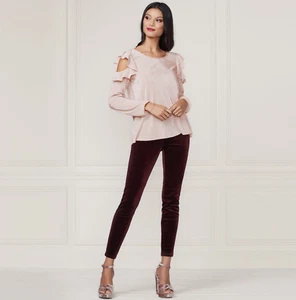 NEW Women's Lauren Conrad Pink Shiny Ribbed Cold Shoulder Ruffle Top Size M - Picture 1 of 10