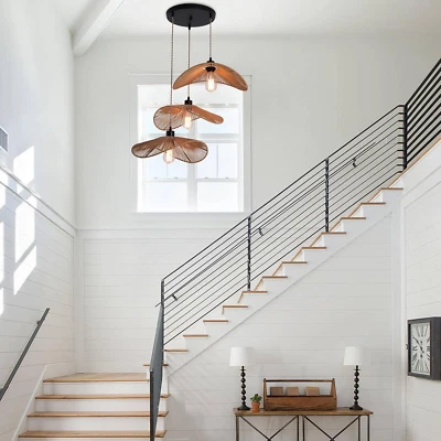 Lámpara de araña colgante de ratán para escalera lámpara de araña de 3 luces con ajuste Foto 1 de 4