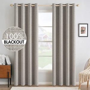 100% Blackout Linen Textured Curtains for Bedroom Solid Thermal Insulated Warm T - Picture 1 of 8
