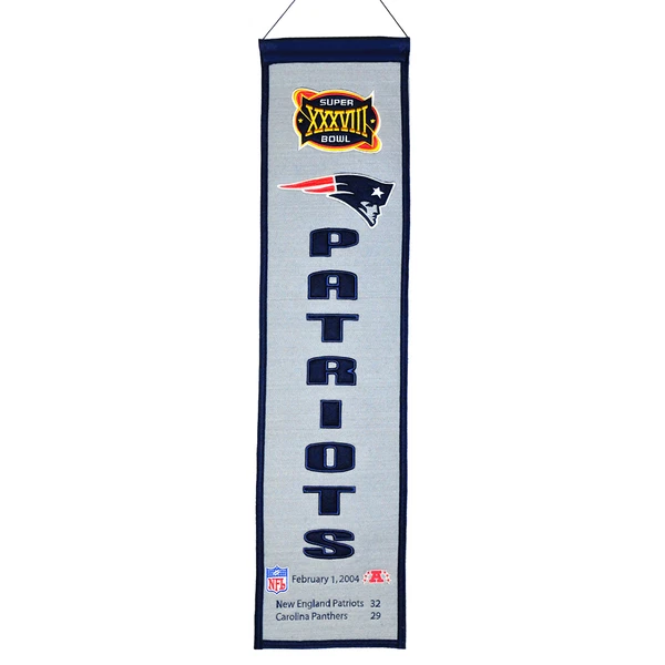 NEW ENGLAND PATRIOTS SUPER BOWL XXXVIII HERITAGE BANNER EMBROIDERED WOOL 8"X32" - Image 1 of 1