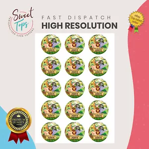 15X TOPPER CUPCAKE COMPLEANNO COMMESTIBILI ROTONDI ANIMALI SAFARI GIUNGLA 2" PERSONALIZZATI - Foto 1 di 2