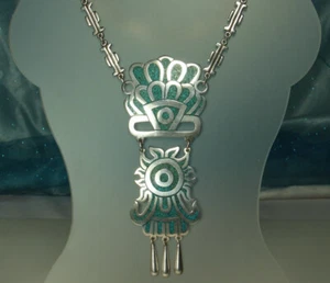 Taxco AZTEC SUN Turquoise Necklace 24" 1950s 70.4g STERLING Mexico Unisex FAB - Picture 1 of 9
