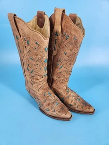 Coral Vintage Ladies Turquoise Inlay Brown Leather Cowgirl Snip Toe Boots Size 7 - Picture 1 of 8