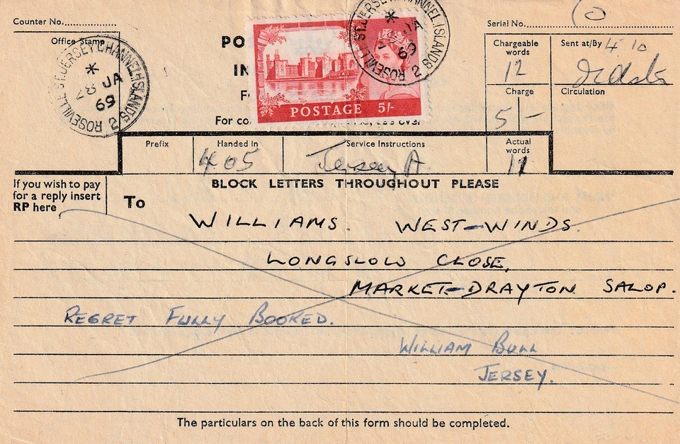 GB JERSEY Channel Islands ROSEVILLE QE2 5/- Castle Postal Telegram Form 1969 - Image 1 of 1